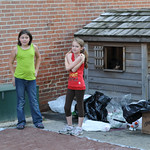 Georgia and Alex retrieving packages as they land.